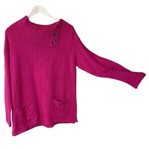 Chico’s Pink Button Cowl Neck Sweater Tunic Size 2 Large Pockets Cozy Knit